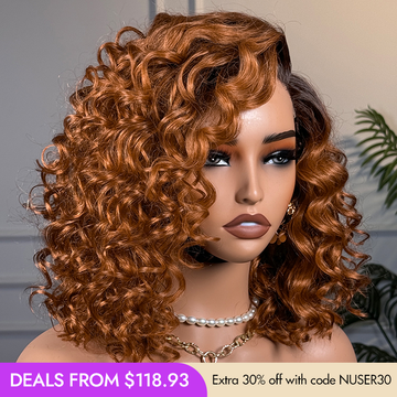 New Customers Only | Ginger Ombre Bouncy Curly Glueless Minimalist HD Lace Short Wig 100% Human Hair