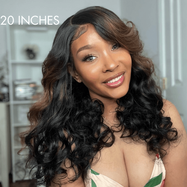 Brown Mix Black / Natural Black C Part Glueless Loose Wave 5x5 Closure Wig with Bangs- US ONLY
