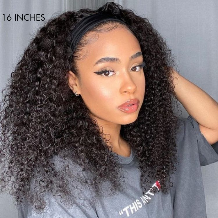 New Customers Only | Natural Black Jerry Curly No Lace Glueless Free Part Long Headband Wig 100% Human Hair (Get Free Trendy Headbands)