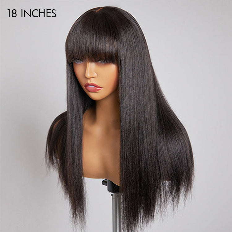 Points Reward | 18 Inches Yaki Straight Ultra Natural Minimalist Undetectable Lace Long Wig With Bangs 100% Human Hair