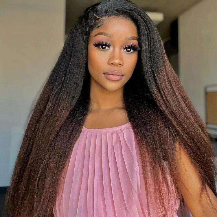 4C Edges | Kinky Edges Black to Brown Ombre Kinky Straight 5x5 Closure Lace Glueless Side Part Long Wig- US ONLY