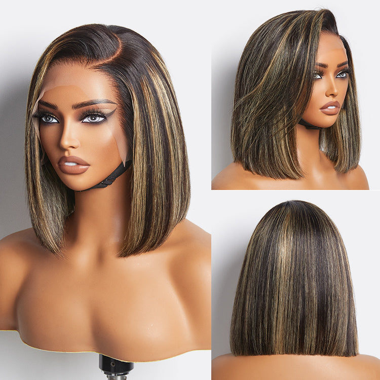 Exclusive Deal | Super Natural C Part Natural Black / Blonde Highlight Glueless Lace Bob Wig 100% Human Hair | Fits All Face Shapes