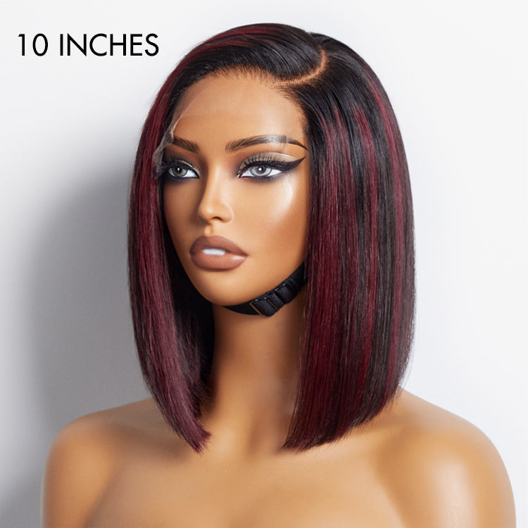 Weekly Special | Dark Red Highlights Silky Blunt Cut C Part Glueless Minimalist Lace Bob Wig Beginner Friendly