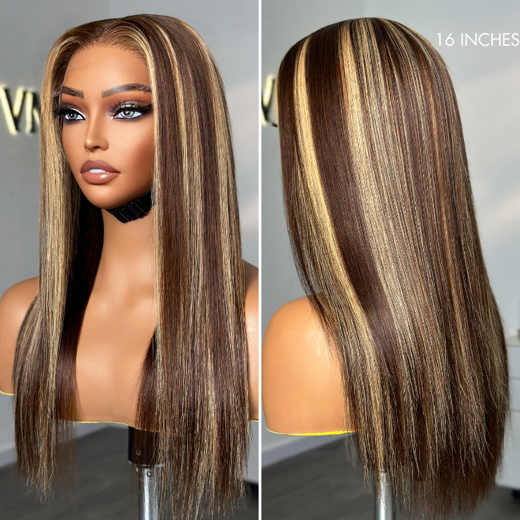 Exclusive Sale | Honey Blonde Highlight Silky Straight Glueless 5x5 Closure HD Transparent Lace Long Wig