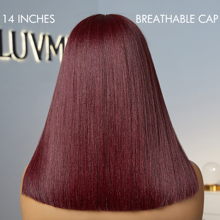 Weekly Special | Put On and Go Reddish Purple / Brown Highlight / Natural Black Layered Cut Yaki Straight Minimalist Lace Bob Wig with Bangs