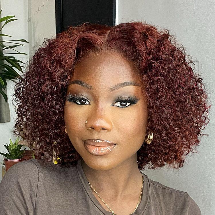 Dark Reddish Brown Water Wave Glueless 5x5 Closure Lace Short Curly Wig  - US Only