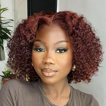 Dark Reddish Brown Water Wave Glueless 5x5 Closure Lace Short Curly Wig  - US Only