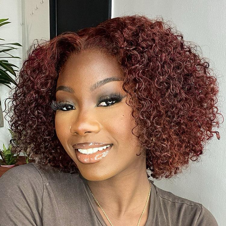 Dark Reddish Brown Water Wave Glueless 5x5 Closure Lace Short Curly Wig  - US Only