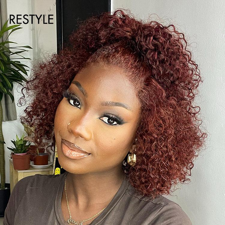 Dark Reddish Brown Water Wave Glueless 5x5 Closure Lace Short Curly Wig  - US Only