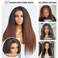 4C Edges | Kinky Edges Black to Brown Ombre Kinky Straight 5x5 Closure Lace Glueless Side Part Long Wig- US ONLY