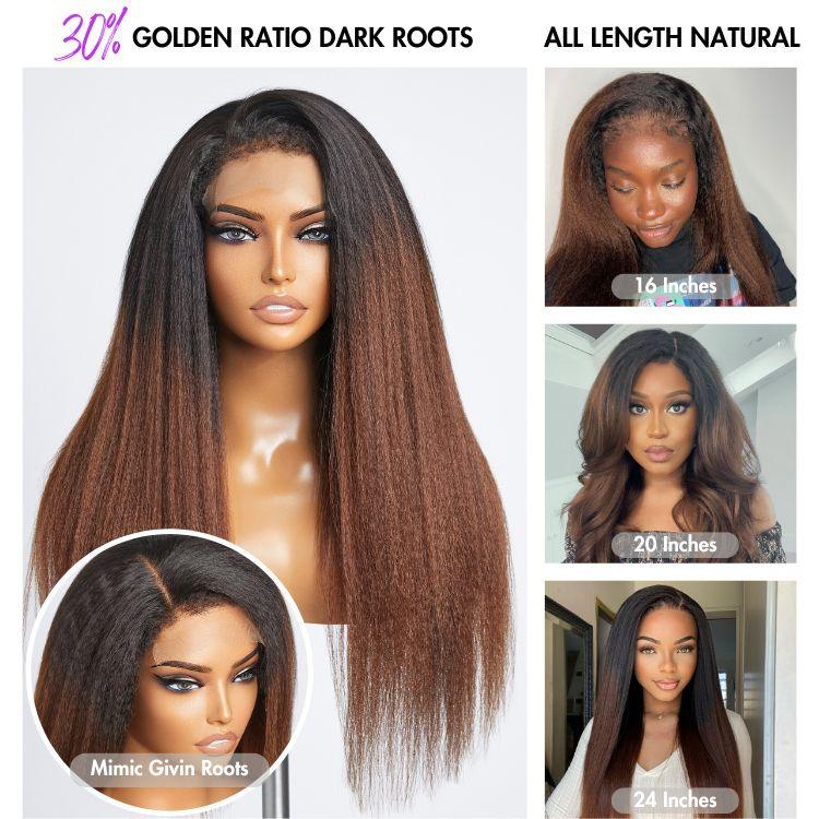 4C Edges | Kinky Edges Black to Brown Ombre Kinky Straight 5x5 Closure Lace Glueless Side Part Long Wig- US ONLY