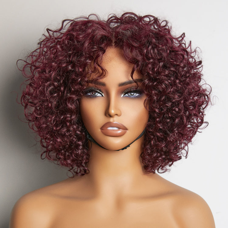 Special Deal | Trendy Burgundy Curly Bob Glueless Minimalist Lace T Part Wig 100% Human Hair