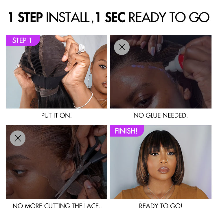 Tiktok Exclusive Deal | Put On and Go Reddish Purple / Brown Highlight / Natural Black Layered Cut Yaki Straight Minimalist Lace Bob Wig with Bangs