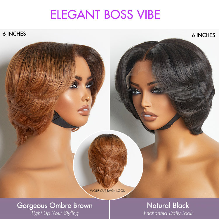 New Customers Only | 1 SEC INSTALL WIG | Elegant Boss Vibe Short Pixie Cut Natural Black / Ombre Brown Glueless Minimalist HD Lace Wig Pre Cut Lace