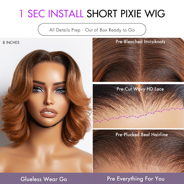 New Customers Only | 1 SEC INSTALL WIG | Elegant Boss Vibe Short Pixie Cut Natural Black / Ombre Brown Glueless Minimalist HD Lace Wig Pre Cut Lace