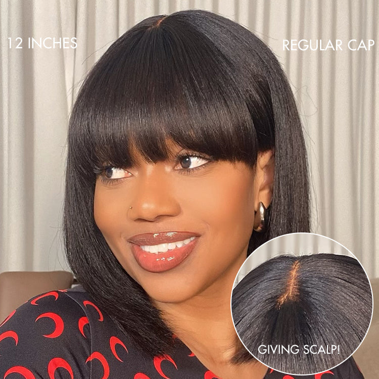 Weekly Special | Put On and Go Reddish Purple / Brown Highlight / Natural Black Layered Cut Yaki Straight Minimalist Lace Bob Wig with Bangs