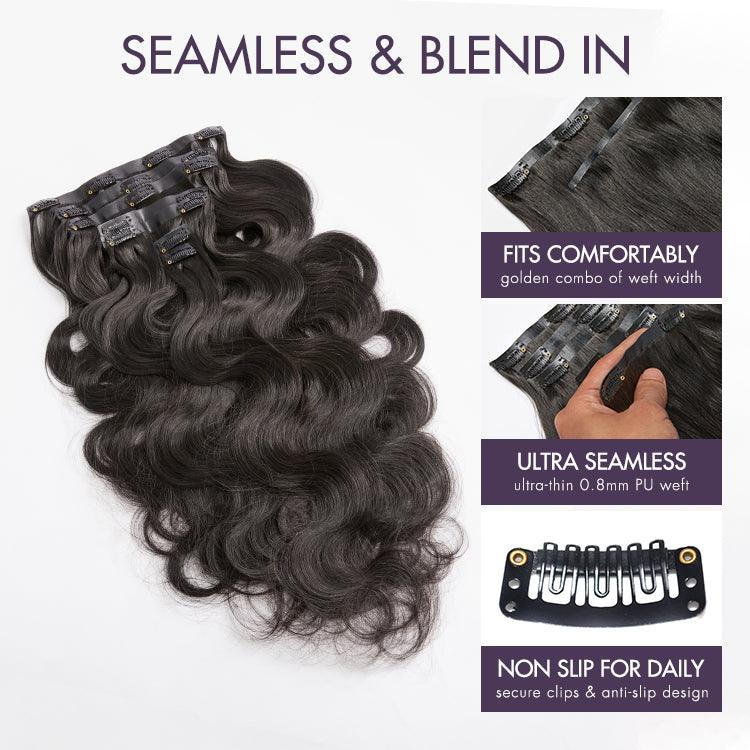 Soft Body Wave Invisible Edge Seamless Clip in Extensions Human Hair with Free Gift