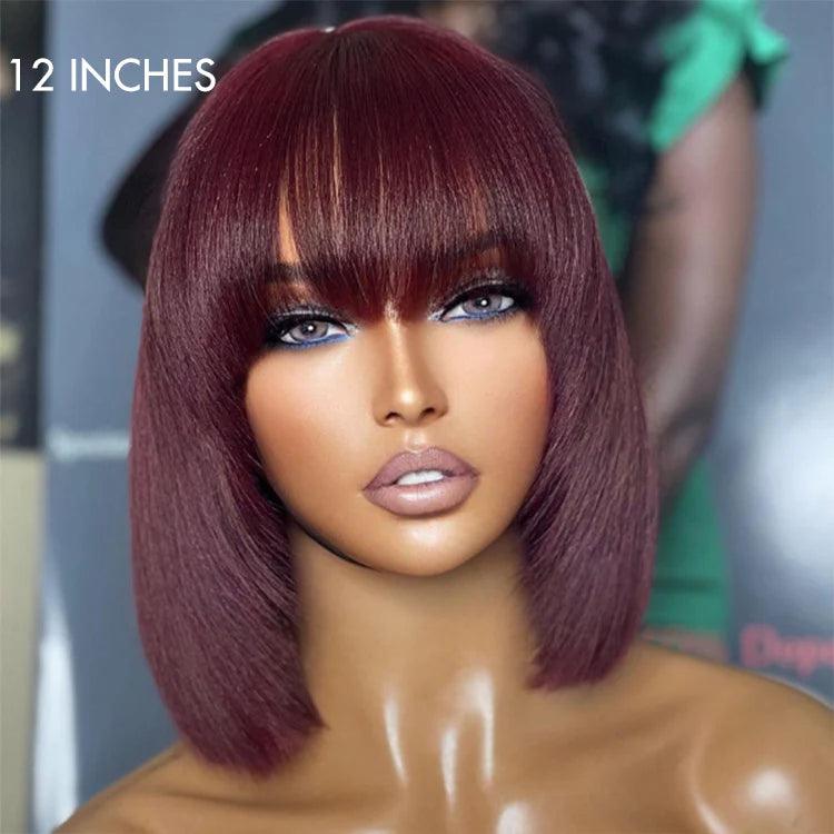 Put On and Go Reddish Purple Layered Cut Yaki Straight Minimalist Lace Bob Wig with Bangs Breathable Cap