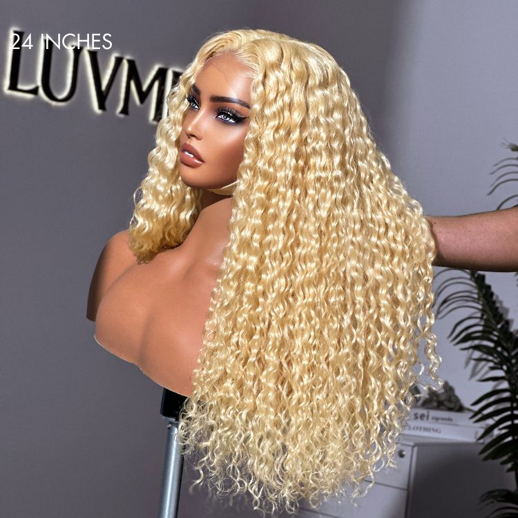 Exclusive Sale | Golden Blonde Water Wave Glueless 5x5 Closure Invisible HD Lace Long Blonde Curly Wig