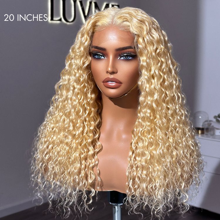 Exclusive Sale | Golden Blonde Water Wave Glueless 5x5 Closure Invisible HD Lace Long Blonde Curly Wig