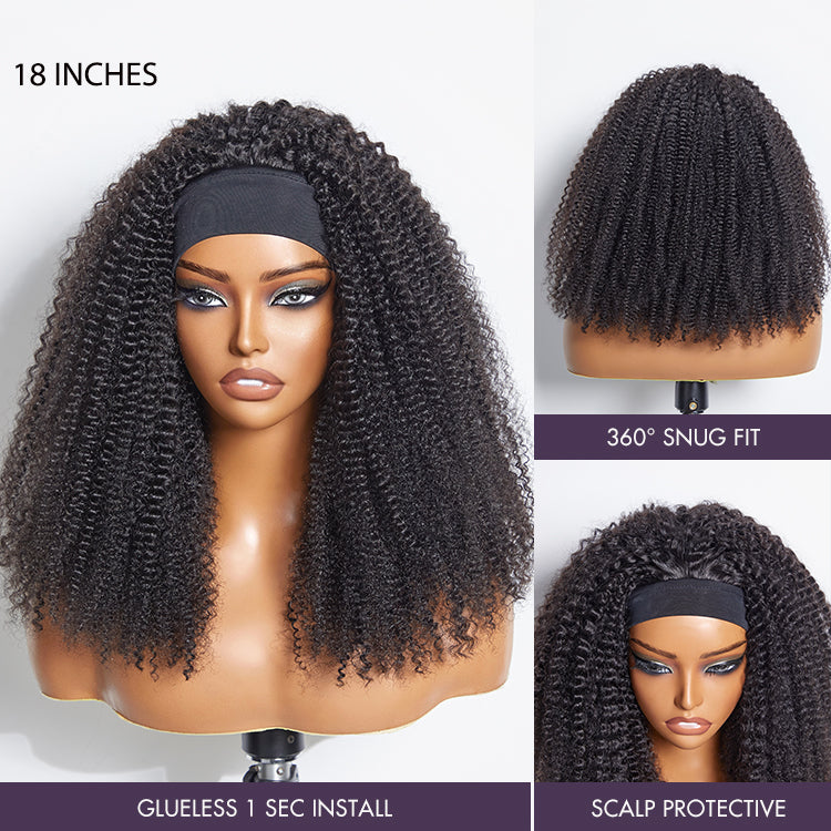 New Customers Only | Natural Black Jerry Curly No Lace Glueless Free Part Long Headband Wig 100% Human Hair (Get Free Trendy Headbands)