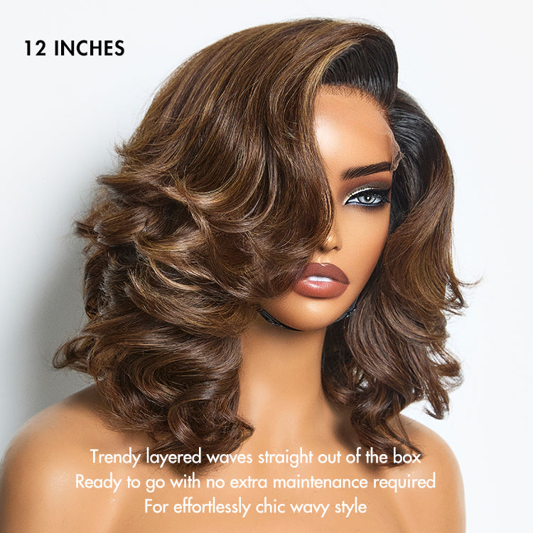 Ombre Brown Butterfly Layers Loose Wave Glueless Minimalist HD Lace Short Wig Easy to Wear - US Only