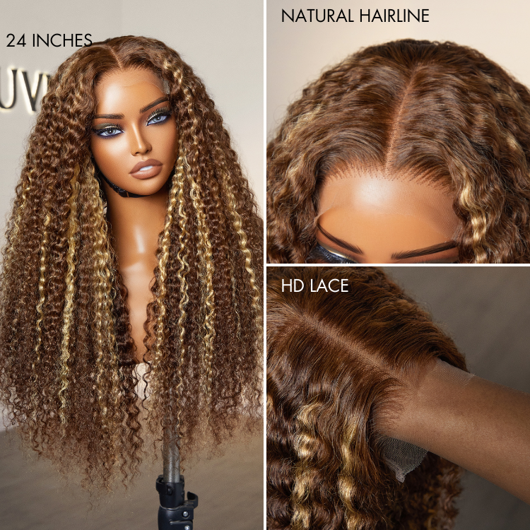 Weekly Special | Honey Blonde Highlight Kinky Curly Glueless 5x5 Closure HD Lace Wig Breathable Cap