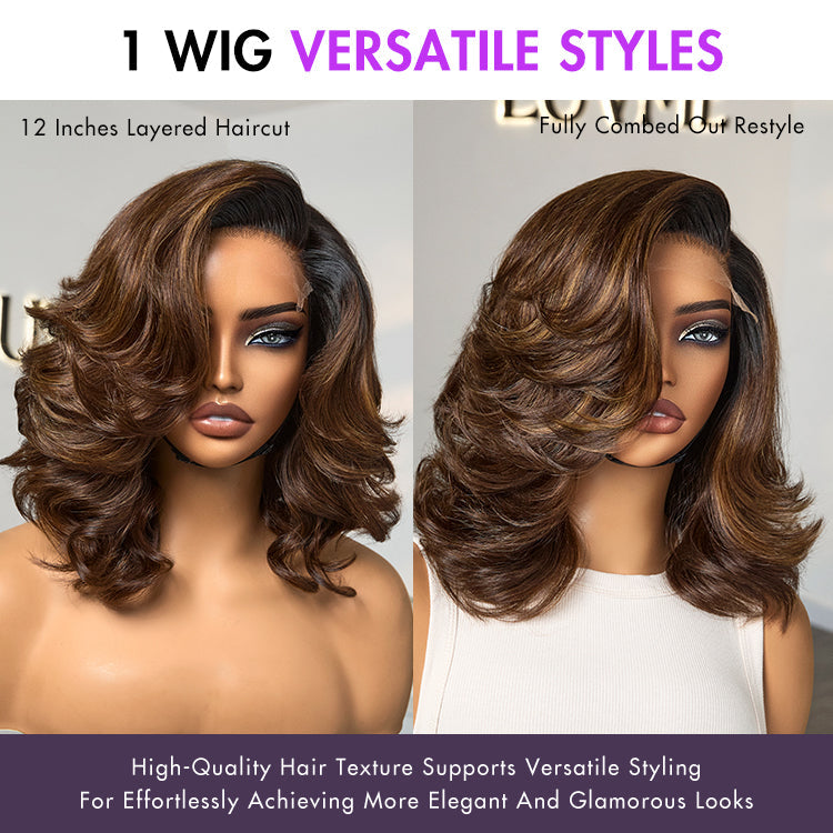 Ombre Brown Butterfly Layers Loose Wave Glueless Minimalist HD Lace Short Wig Easy to Wear - US Only