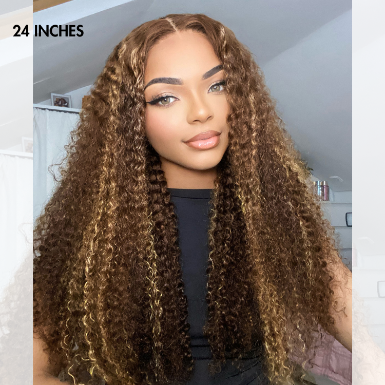 Weekly Special | Honey Blonde Highlight Kinky Curly Glueless 5x5 Closure HD Lace Wig Breathable Cap
