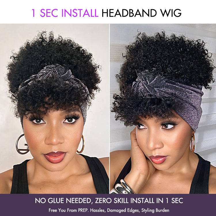 New Customers Only | Throw On & Go Glueless Afro Headband Short Curly Wig with Detachable Bangs