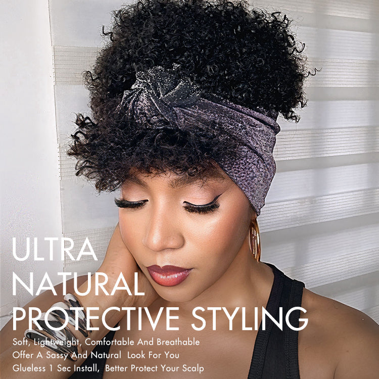 New Customers Only | Throw On & Go Glueless Afro Headband Short Curly Wig with Detachable Bangs