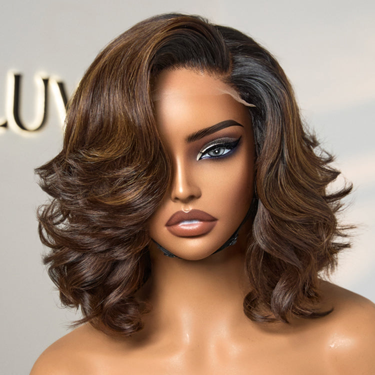Ombre Brown Butterfly Layers Loose Wave Glueless Minimalist HD Lace Short Wig Easy to Wear - US Only