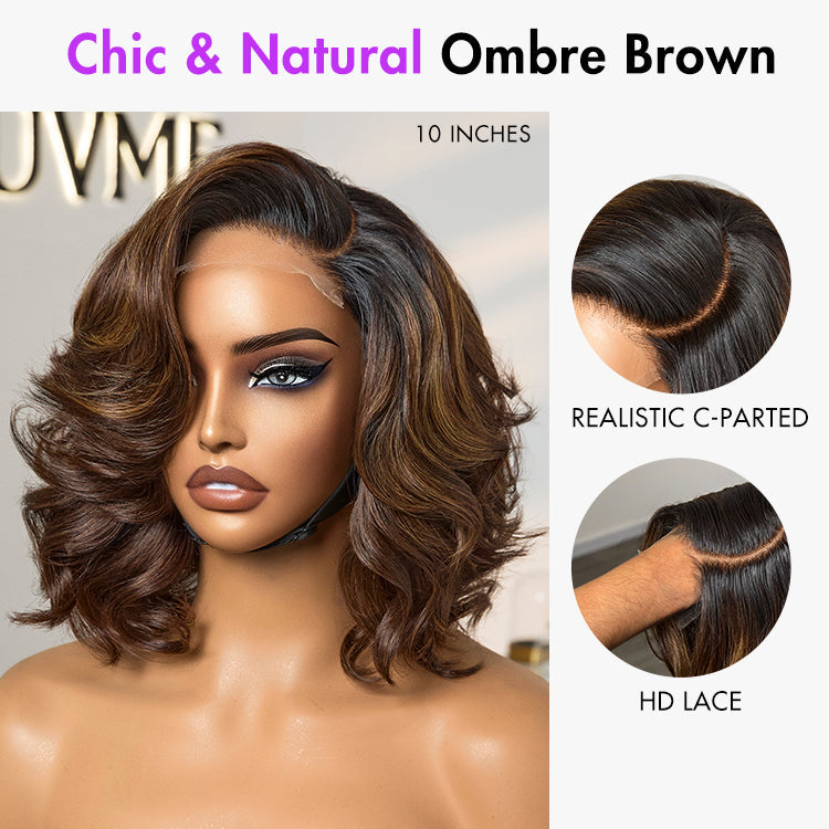 Ombre Brown Butterfly Layers Loose Wave Glueless Minimalist HD Lace Short Wig Easy to Wear - US Only