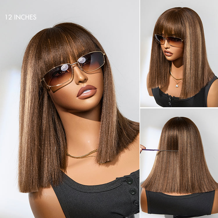 Special Deal | Ash Blonde Highlights Yaki Blunt Cut Bob Wig with Bangs Glueless Minimalist Lace Short Wig Breathable Cap