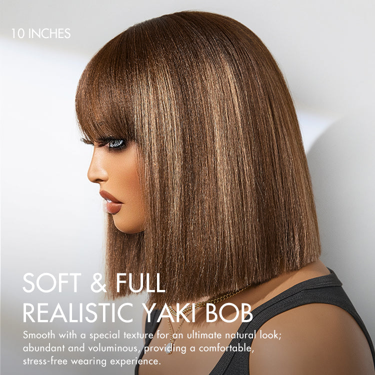 Special Deal | Ash Blonde Highlights Yaki Blunt Cut Bob Wig with Bangs Glueless Minimalist Lace Short Wig Breathable Cap