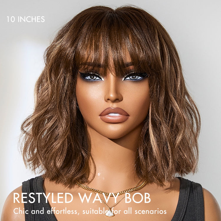 Special Deal | Ash Blonde Highlights Yaki Blunt Cut Bob Wig with Bangs Glueless Minimalist Lace Short Wig Breathable Cap