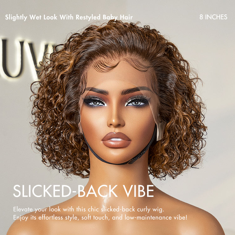 Crazy Wednesday | Brown Highlight / Jet Black Short Cut Slicked Back Curly Ear-to-ear Wide T Lace Wig