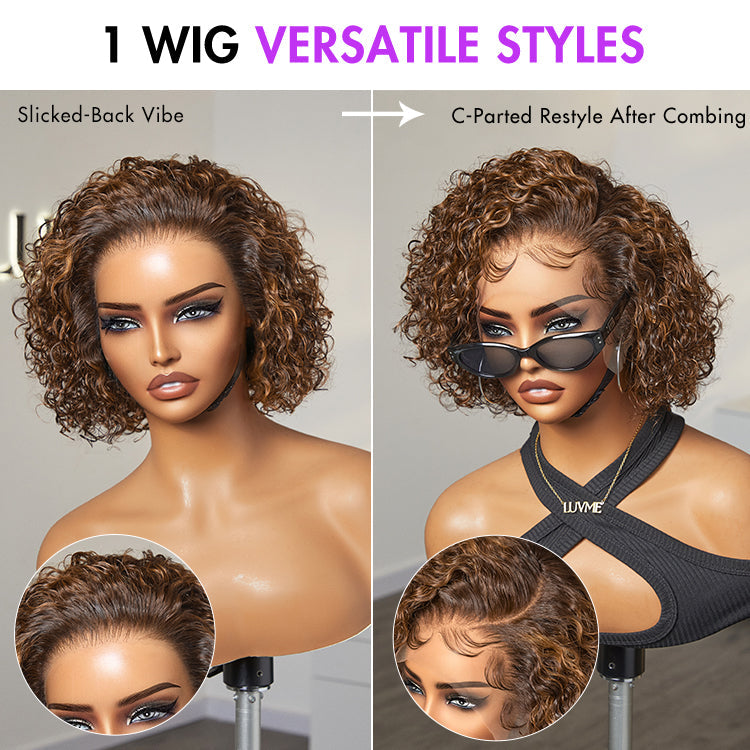 Crazy Wednesday | Brown Highlight / Jet Black Short Cut Slicked Back Curly Ear-to-ear Wide T Lace Wig