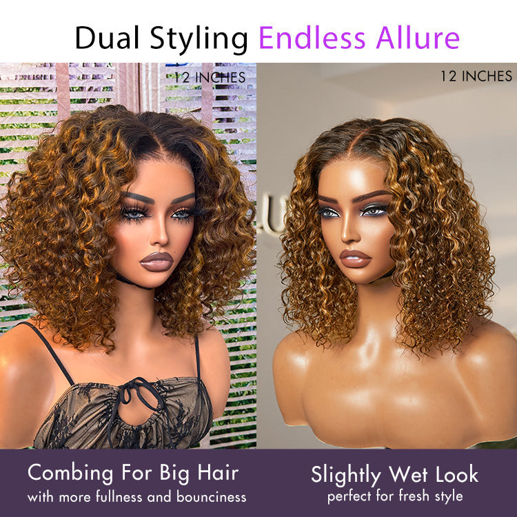 Crazy Wednesday | Brown Highlight / Natural Black / Blonde Highlight Deep Curly Glueless 5x5 Closure Pre-Cut Lace Wig Breathable Cap