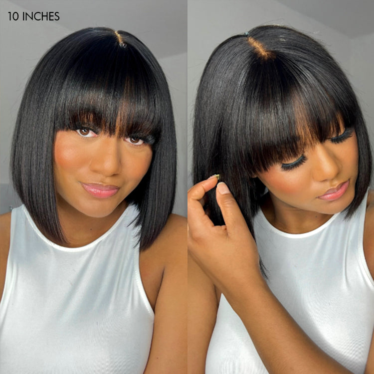 Exclusive Discount | Put On and Go Realistic Glueless Yaki Straight Bob With Bangs Minimalist HD Lace Wig 100% Human Hair