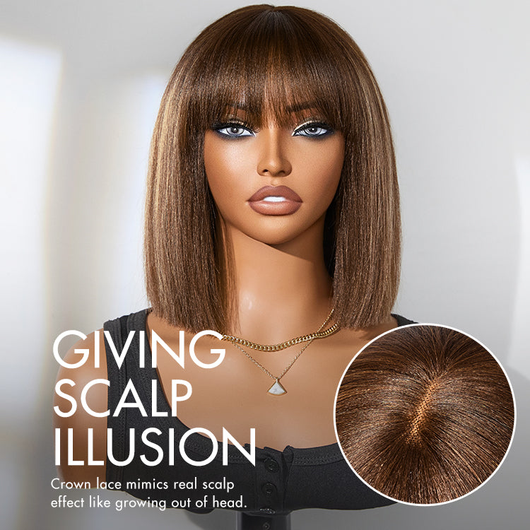 Exclusive Discount | Put On and Go Realistic Glueless Yaki Straight Bob With Bangs Minimalist HD Lace Wig 100% Human Hair