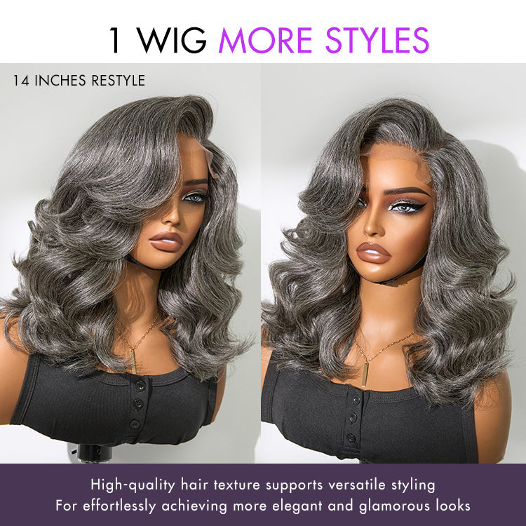 New Customers Only | Layered Blowout Salt and Pepper Glueless Grey Wig Minimalist HD Lace Shoulder Length Wavy Wig