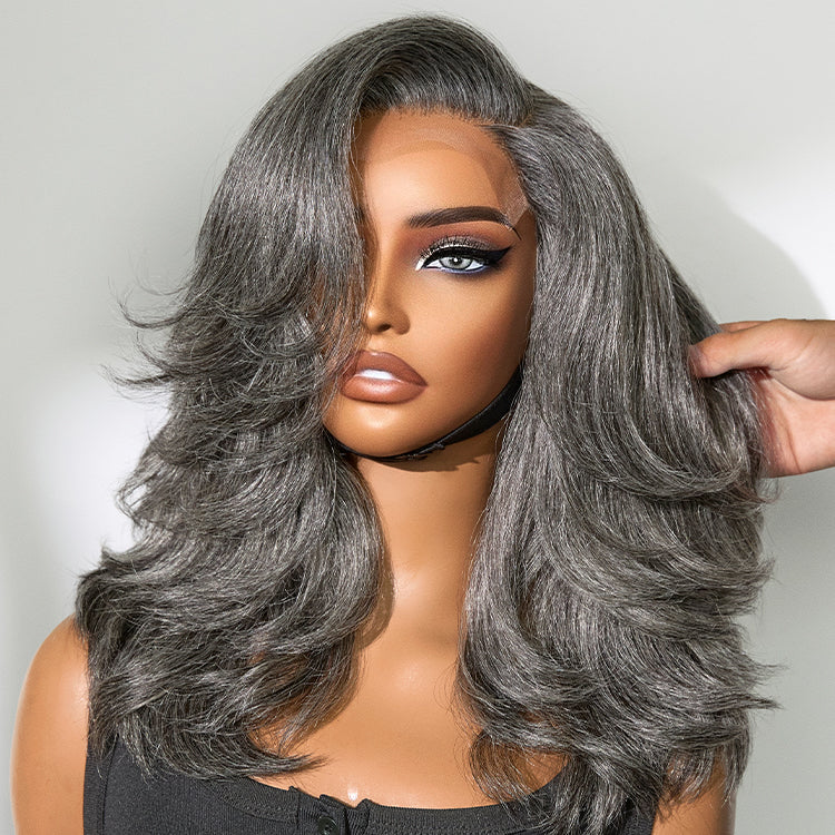New Customers Only | Layered Blowout Salt and Pepper Glueless Grey Wig Minimalist HD Lace Shoulder Length Wavy Wig