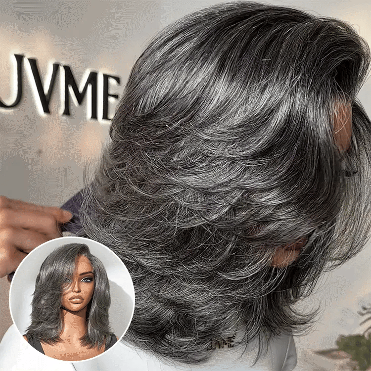 New Customers Only | Layered Blowout Salt and Pepper Glueless Grey Wig Minimalist HD Lace Shoulder Length Wavy Wig