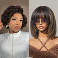 Tiktok Exclusive Deal | Put On and Go Reddish Purple / Brown Highlight / Natural Black Layered Cut Yaki Straight Minimalist Lace Bob Wig with Bangs