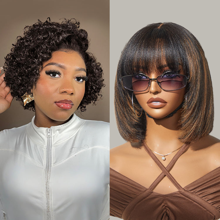 Tiktok Exclusive Deal | Put On and Go Reddish Purple / Brown Highlight / Natural Black Layered Cut Yaki Straight Minimalist Lace Bob Wig with Bangs