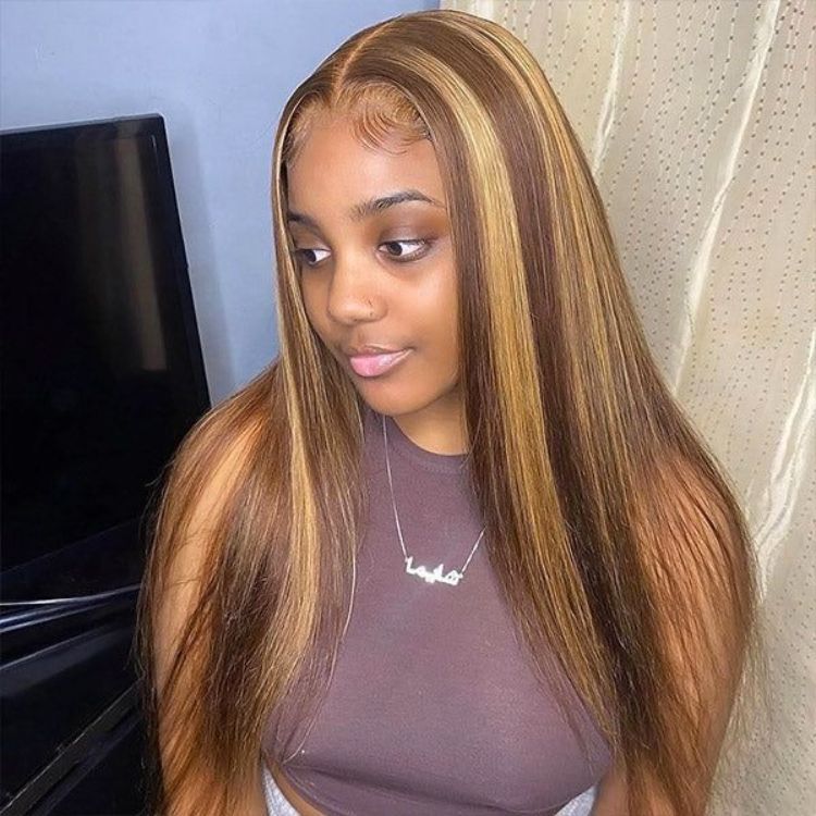 18 inches = $129.9 | Honey Blonde Highlight Silky Straight Glueless 5x5 Closure HD Lace Long Wig