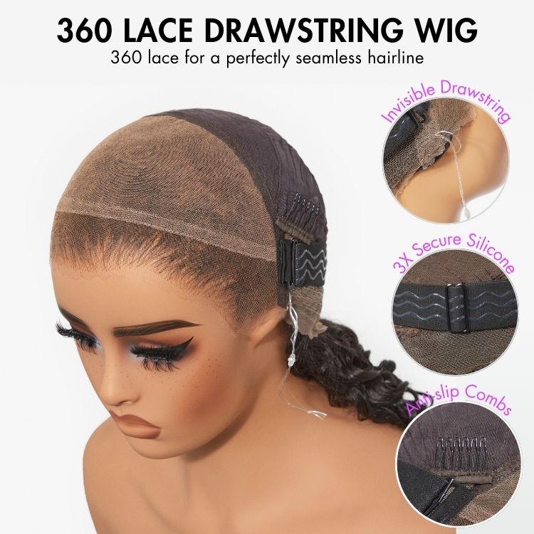 PreMax Wigs | 360 HD Lace Super Natural Hairline Invisi Drawstring Cap Water Wave Free Part Human Hair Wig Pre-Cut Lace