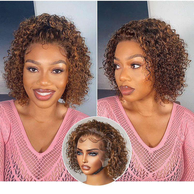 Crazy Wednesday | Brown Highlight / Jet Black Short Cut Slicked Back Curly Ear-to-ear Wide T Lace Wig