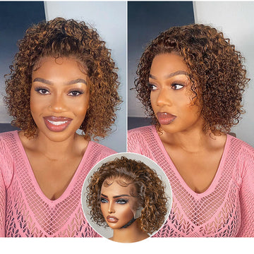 Crazy Wednesday | Brown Highlight / Jet Black Short Cut Slicked Back Curly Ear-to-ear Wide T Lace Wig